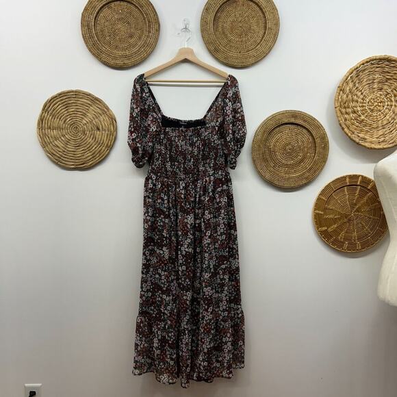 Torrid Black Flower Floral Tea Length Smocked Bodice A-Line Dress Size 0 Large - Picture 2 of 9